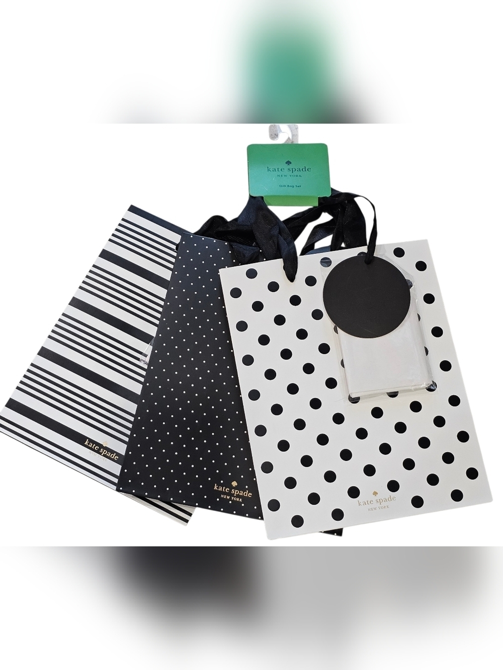 kate spade New York, Black & White Polka Dot And Strips Set Of 3 Gift Bags Set